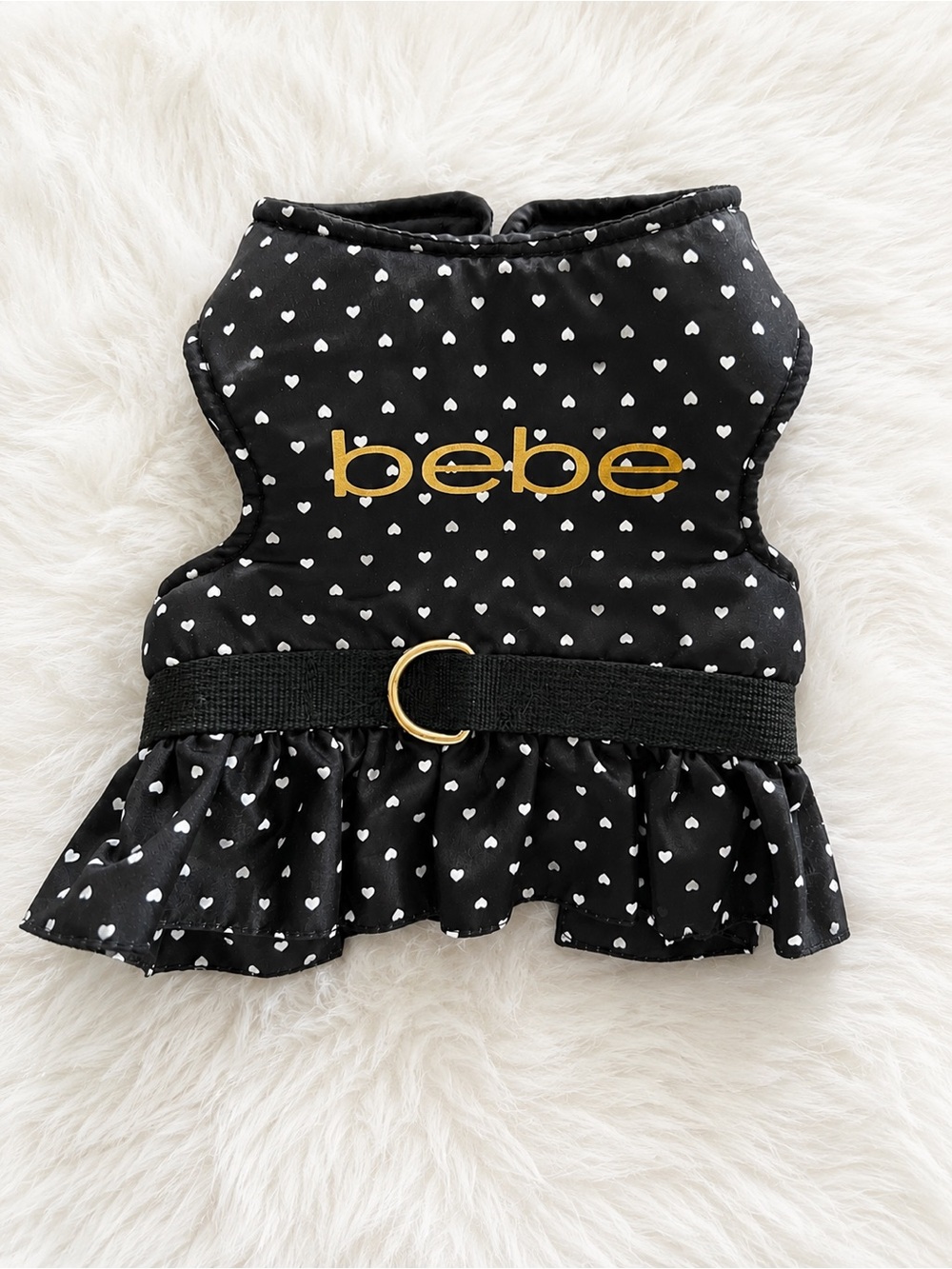 bebe Black & White Heart Print Ruffle Dog Harness with Gold Logo